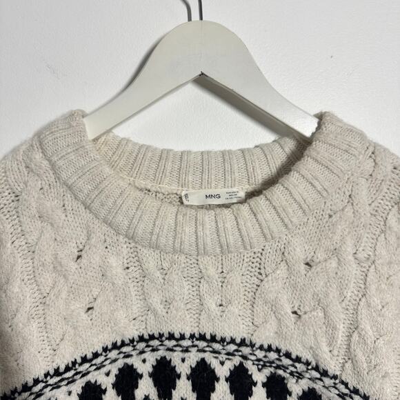 Mango Sweater Women XL White Black Rounded Neck Braided Cable Knit Rory Gilmore - Picture 3 of 6